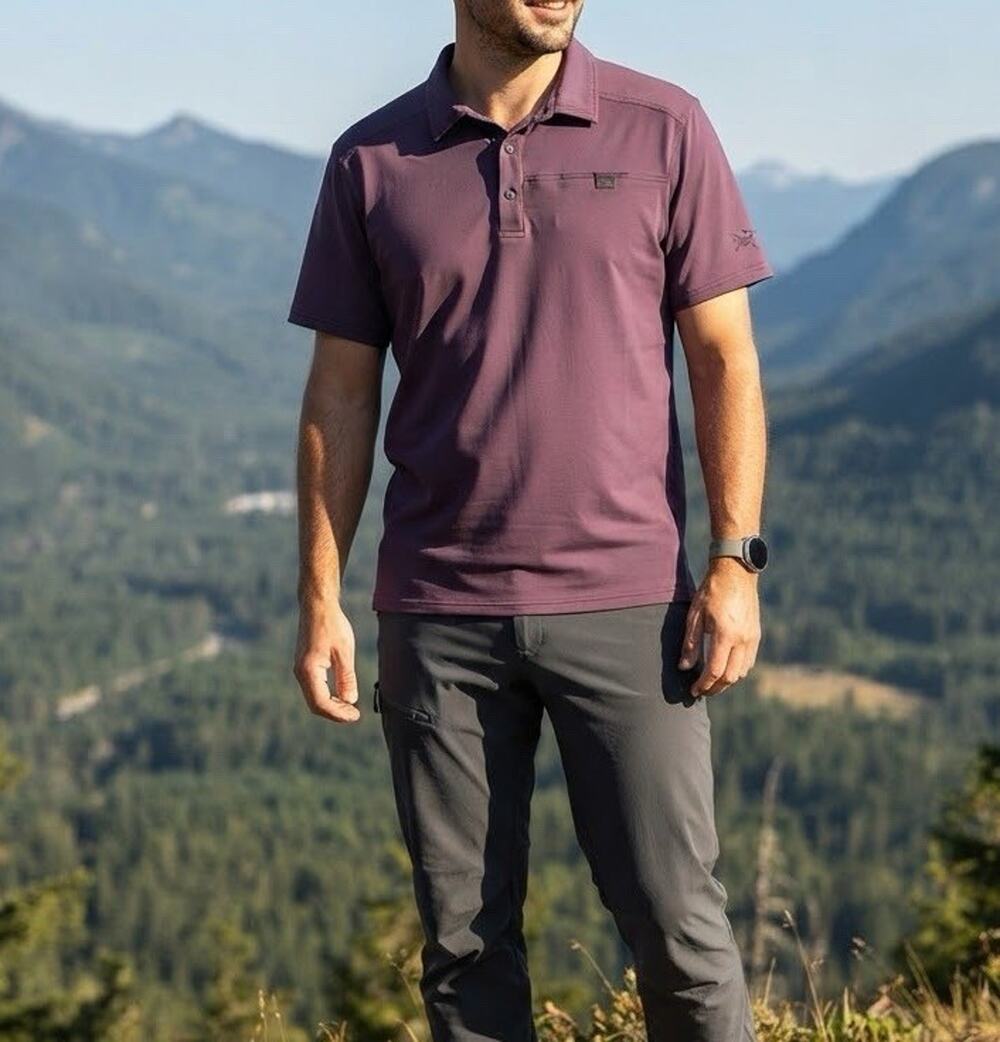Arcteryx Polo Shirt Mens Large Purple Outdoor Hiking Red Logo Performance Golf